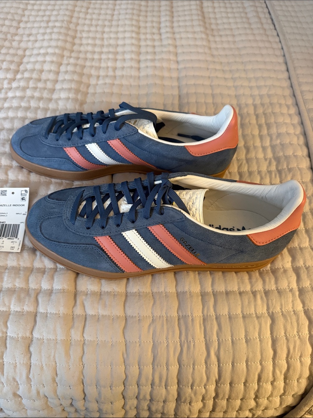 adidas Gazelle Indoor Men’s Navy Suede Sneakers with Coral and White Stripes